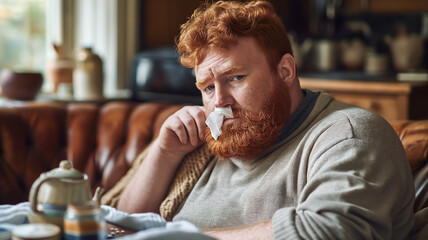 Expressive red haired bearded 30 year old man has a cold. He is sitting on the couch and has stuck a handkerchief up his nose. Man looks suffering. In the foreground is tea and pills.