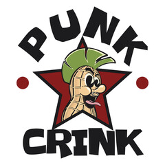 vector illustration of vintage mascot character of peanut punk in a red star in an emblem logo that says PUNK CRINK, work of handmade