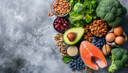 Different healthy products for brain on grey background, Fresh, colorful fruits, vegetables, and whole grains on a wooden table.