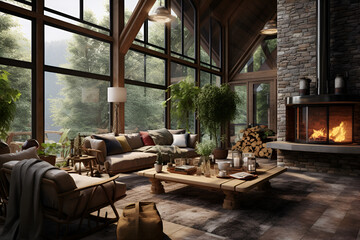 The interior of a country house, picturesque, real moments for relaxation, a rustic style of connecting with nature is on trend.