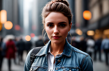 Portrait of a beautiful girl created by Ai on the background of the cityscape, cute face, pleasant appearance, lady on a walk in the city.