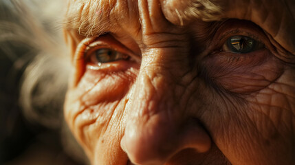 Elderly woman's eyes reflecting a lifetime of stories. - obrazy, fototapety, plakaty