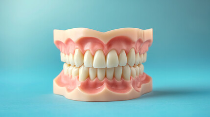 Fototapeta premium Model of human teeth set against a blue background.