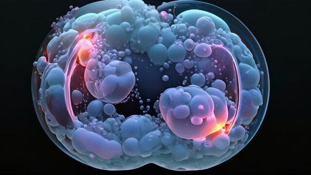 Detailed microscopic perspective of a developing human embryo, with a focus on the initial cell division after conception.