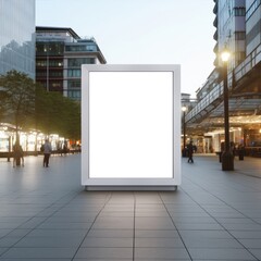 Blank white vertical digital billboard poster mockup on the sidewalk in the city. Billboard poster mockup for advertisement, marketing