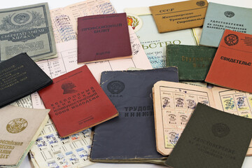 Vintage personal documents and certificates of Russian
