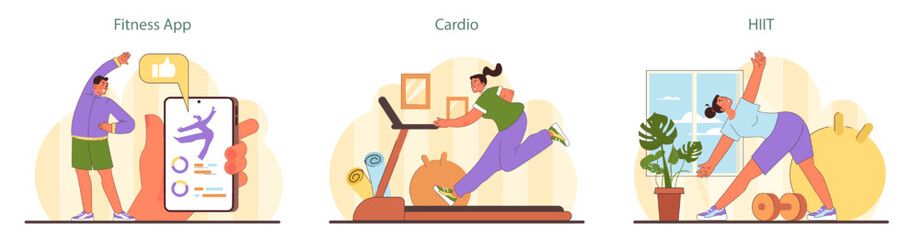 Home Workout set. Fitness enthusiasts engage with a fitness app, participate in cardio routines, and perform HIIT for a comprehensive home exercise experience. Flat vector illustration. - obrazy, fototapety, plakaty
