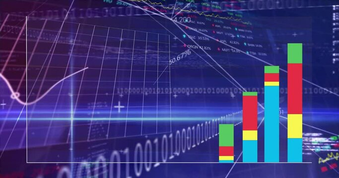 Animation of colourful bar graph over networks and data processing