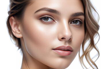 Fototapeta premium Beauty portrait of a beautiful young woman with glowing skin. Beautiful real face, beauty image.