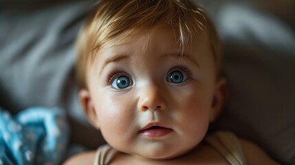 portrait of a baby, Close-up of a Child Sleeping Peacefully, Covered in a Blue Blanket with Sunlight Filtering Through