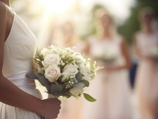 Obraz na płótnie Canvas Wedding bouquet in focus and blurred crowd of bridesmaids
