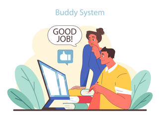 Buddy System concept. Mentor providing positive reinforcement at the workstation. Collaboration in a supportive environment. Flat vector illustration.