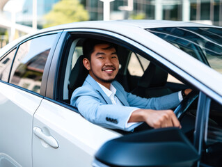Fototapeta na wymiar a happy stylish asian man in light blue suit is driving white car, Sale transport concept.