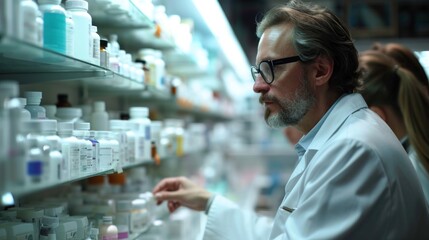 Pharmacist inspecting stock at pharmacy