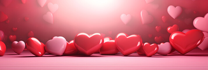 Valentine's Day background, with 3D hearts, with copy space, in red color. On a pink background, bright and rich for design.