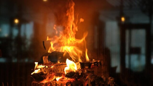 A large wood-burning fireplace