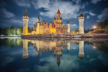 Obraz premium castles reflection on a still lake beneath a cloudy night sky