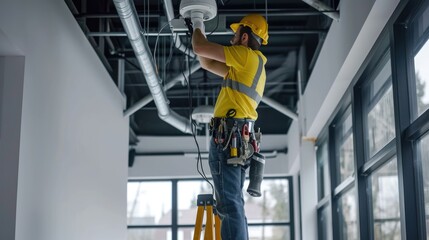An electrician wearing electrical workwear is installing a CCTV camera on a ladder indoors at a modern and tidy house
