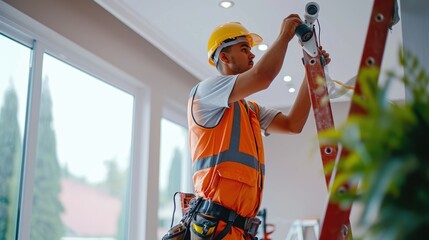 An electrician wearing electrical workwear is installing a CCTV camera on a ladder indoors at a modern and tidy house - obrazy, fototapety, plakaty