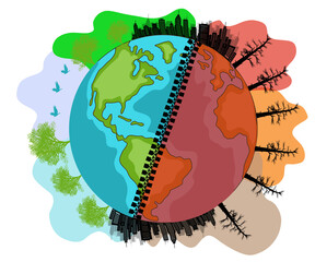 illustrazione Pianeta terra diviso a metà riscaldamento globale e temperatura controllata - obrazy, fototapety, plakaty