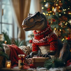 Obraz premium Cute dinosaur in sweater with present boxes on background of Christmas tree. AI generated.