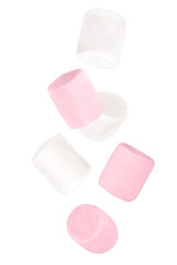 Levitation of white and pink marshmallows isolated on a transparent background.