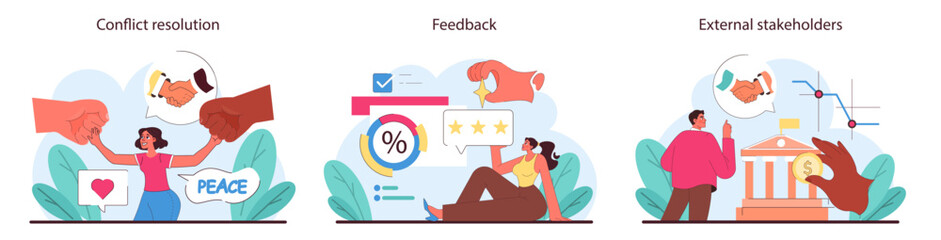 Business stakeholders set. Showcasing methods of conflict resolution, feedback channels, and external stakeholder engagement. Strategic corporate communication. Flat vector illustration.