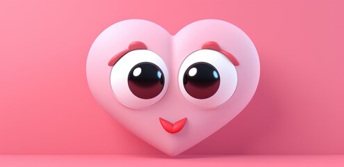Fototapeta premium cute heart on a one tone background with emotion. Cartoon Heart with big realistic eyes. Pink shades