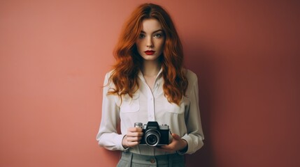 Young Woman with Red Hair Holding a Vintage Camera Against a Pink Background