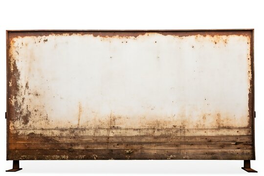 Old rusted metal blank billboard advertisement on white background Generative AI