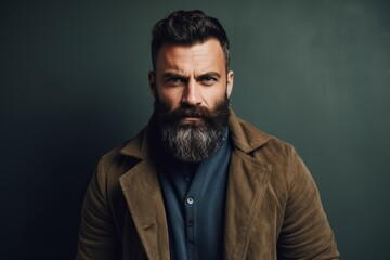 Portrait of a handsome bearded man in a brown jacket. Men's beauty, fashion.