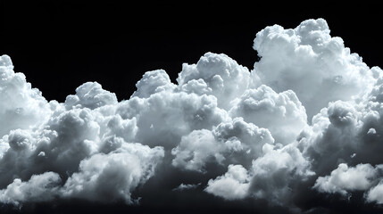 Cloudscape Drama: A dramatic black and white composition of fluffy white clouds against a deep black sky, evoking a sense of mystery and grandeur. The clouds form a captivating pattern, inviting viewe
