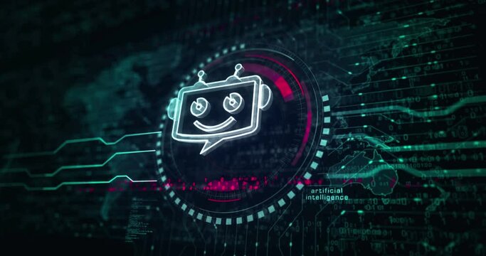 Chatbot ai online assistant support and artificial intelligence chat bot symbol abstract digital concept. Global network and cyber technology background seamless and looped 3d animation.