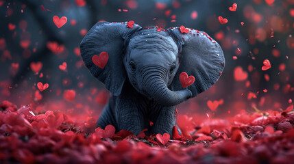 A baby elephant stands amid a sea of red petals with hearts floating around, symbolizing innocence and love