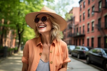 smiling young woman in sunglasses and straw hat walking on city street