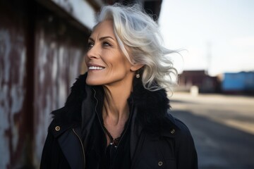 Obraz premium Portrait of a beautiful blonde woman in a black jacket on the street