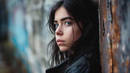 Girl in Black Jacket Leaning on Graffiti Wall, Urban Street Art Background