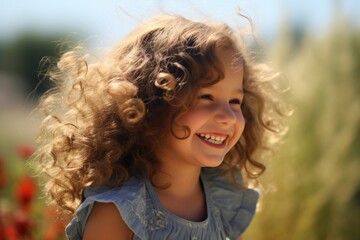 Portrait of a beautiful little girl with curly hair in the field