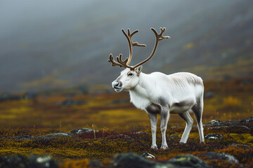 A solitary white reindeer with antlers stands gracefully in an autumnal tundra landscape, with a backdrop of misty, mountainous terrain.