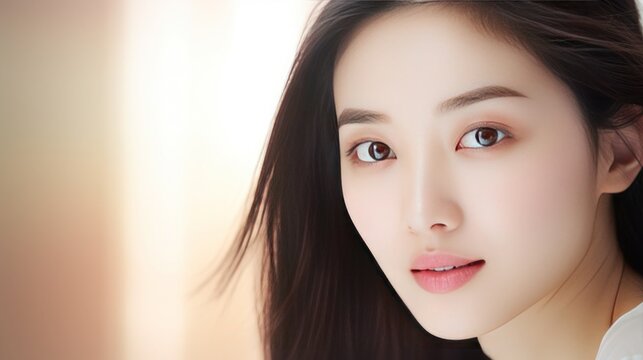 Asian young woman with face beautiful skin, Closeup, Copy space