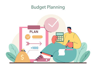 Budget Planning concept. Illustrating financial foresight with calculative saving and expenditure tracking. Blueprint for monetary success. Flat vector illustration.
