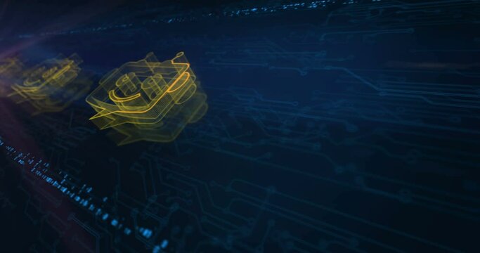 Chatbot ai online assistant support and artificial intelligence chat bot hologram symbol appears on a electronic circuit background. Network, cyber technology and computer abstract concept.