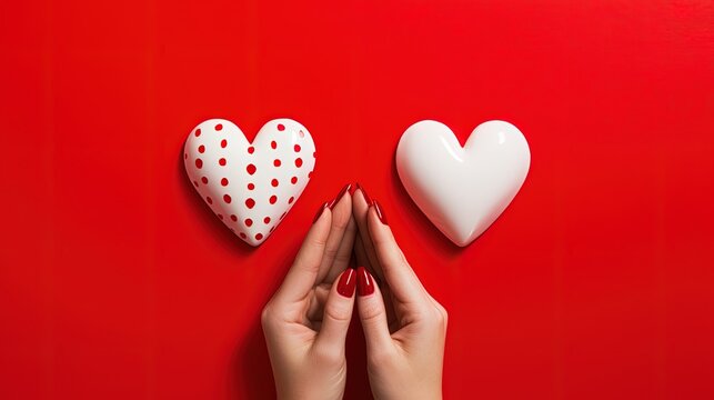 Valentine day special image, women hands and white hearts. Created with Ai