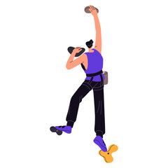 Man climbing on bouldering wall. Climber grips up on artificial mountain. Guy with belaying, safety equipment training to upward to top of rock. Flat isolated vector illustration on white background