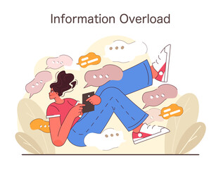 Information Overload concept. Young woman surrounded by a whirlwind of chat bubbles. The challenge of constant digital communication. Modern life complexities. Flat vector illustration.