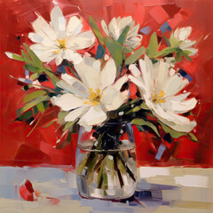 Oil painting. Bouquet of white flowers in a vase on a red background
