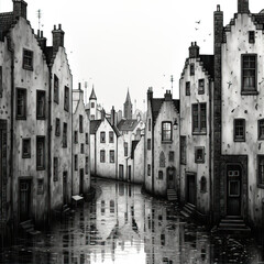 Fototapeta premium Black and white drawing of a street with small houses 