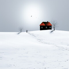 Naklejka premium A man walks along the snow-covered hills with a house in the background 