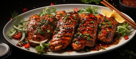Grilled chicken with spicy sauce with top view