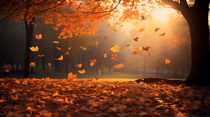 Falling leaves in autumn beautiful forest background,  Forest Floor, Fall Serenity, Vibrant Foliage, Autumn Wonderland